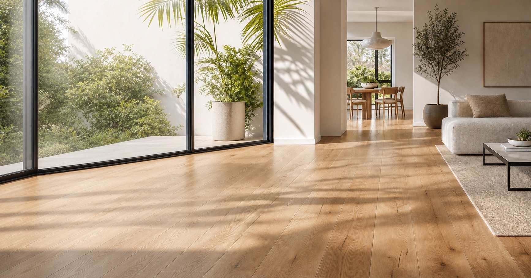 Warm modern living room with newly installed wood flooring